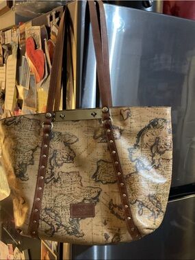 Patricia Nash World Traveler Map Print Leather Tote Bag Retail $349
